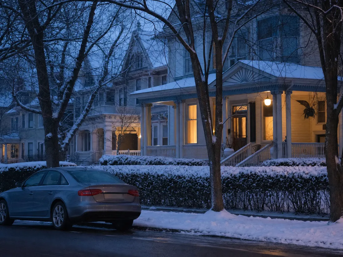 Sedan parked by a Victorian home in St. Paul Minnesota with fresh snow on the hedges and warm porch light - selling a car in St Paul