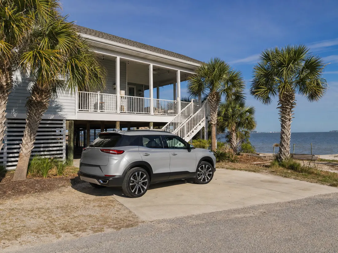 Crossover parked beside a raised coastal cottage in Gulfport Mississippi with palms and sandy soil at the driveway edge - selling a car in Gulfport