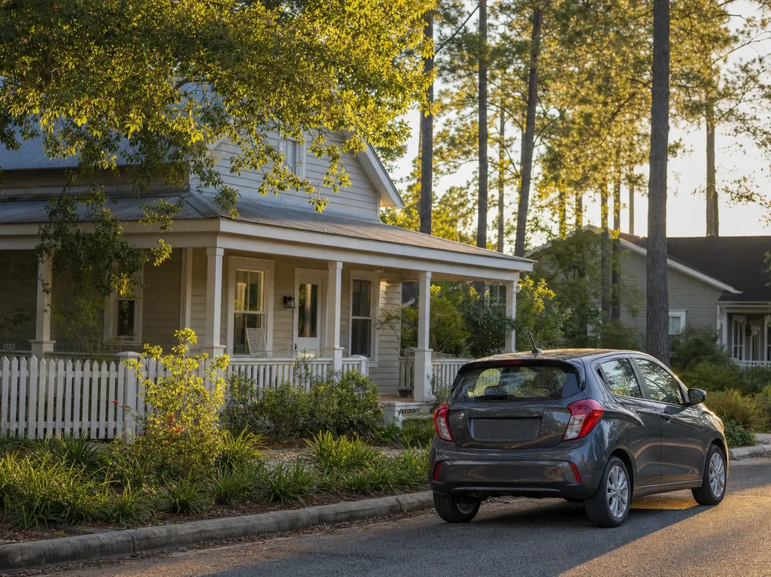 Compact car outside a frame cottage on a leafy street in Hattiesburg Mississippi with longleaf pines behind - selling a car in Hattiesburg