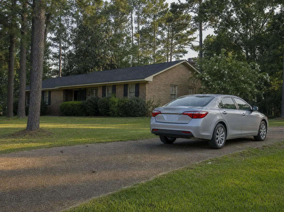 Sedan in the driveway of a brick ranch home in Jackson Mississippi with tall pines and a wide lawn - selling a car in Jackson