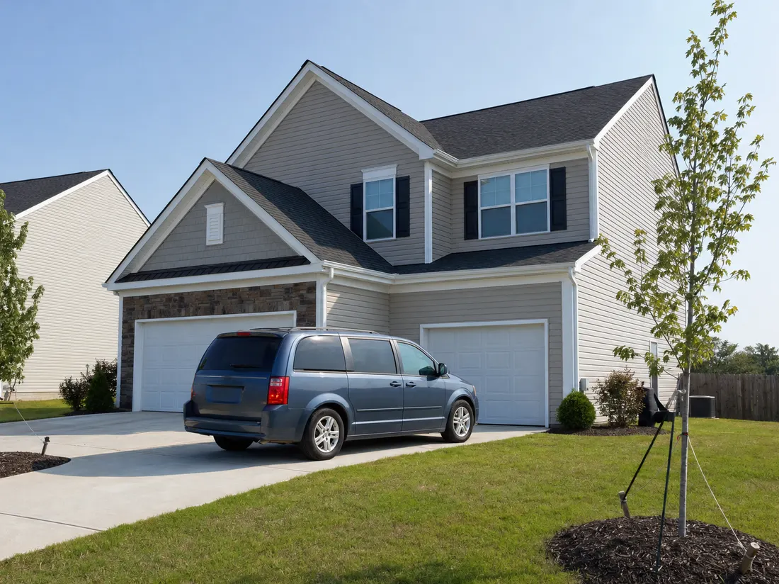 Minivan in the driveway of a newer vinyl-sided suburban home in Southaven Mississippi with young trees and flat delta sky - selling a car in Southaven