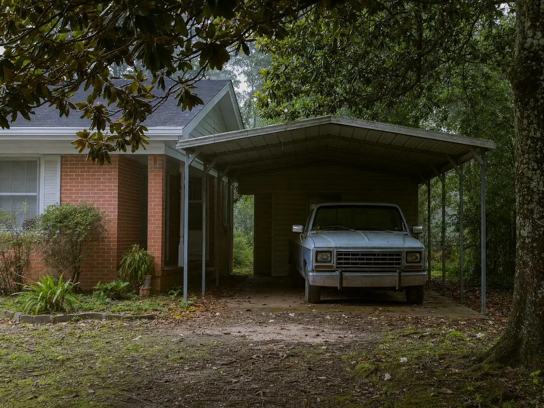 Older pickup under a carport at a Mississippi home with magnolia trees - selling a car in Mississippi