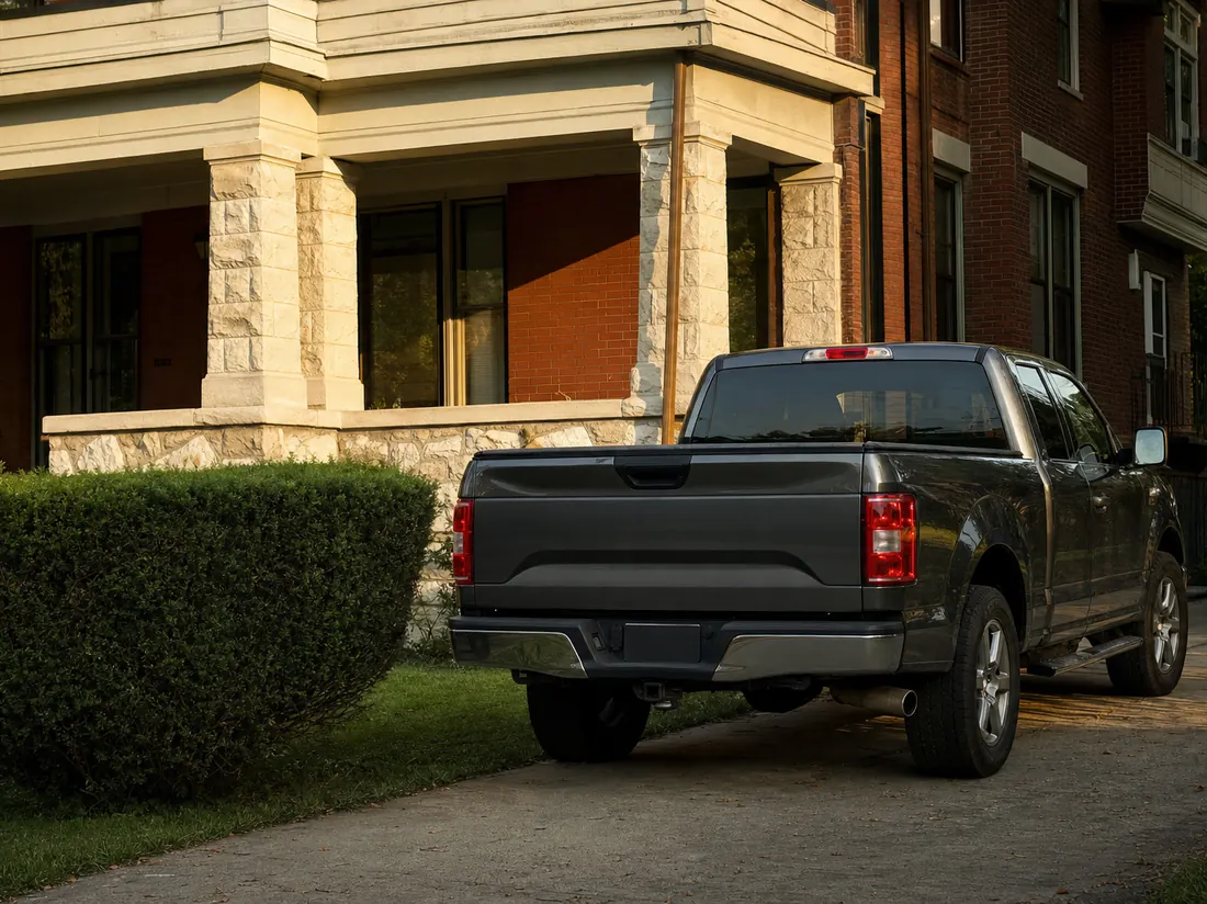 Pickup in the driveway of a Kansas City shirtwaist home with limestone porch - selling a car in Kansas City