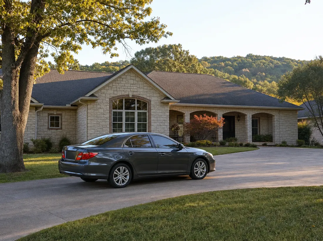Sedan in the driveway of a limestone-trimmed ranch home in Springfield Missouri with oaks and a gentle Ozark rise behind - selling a car in Springfield