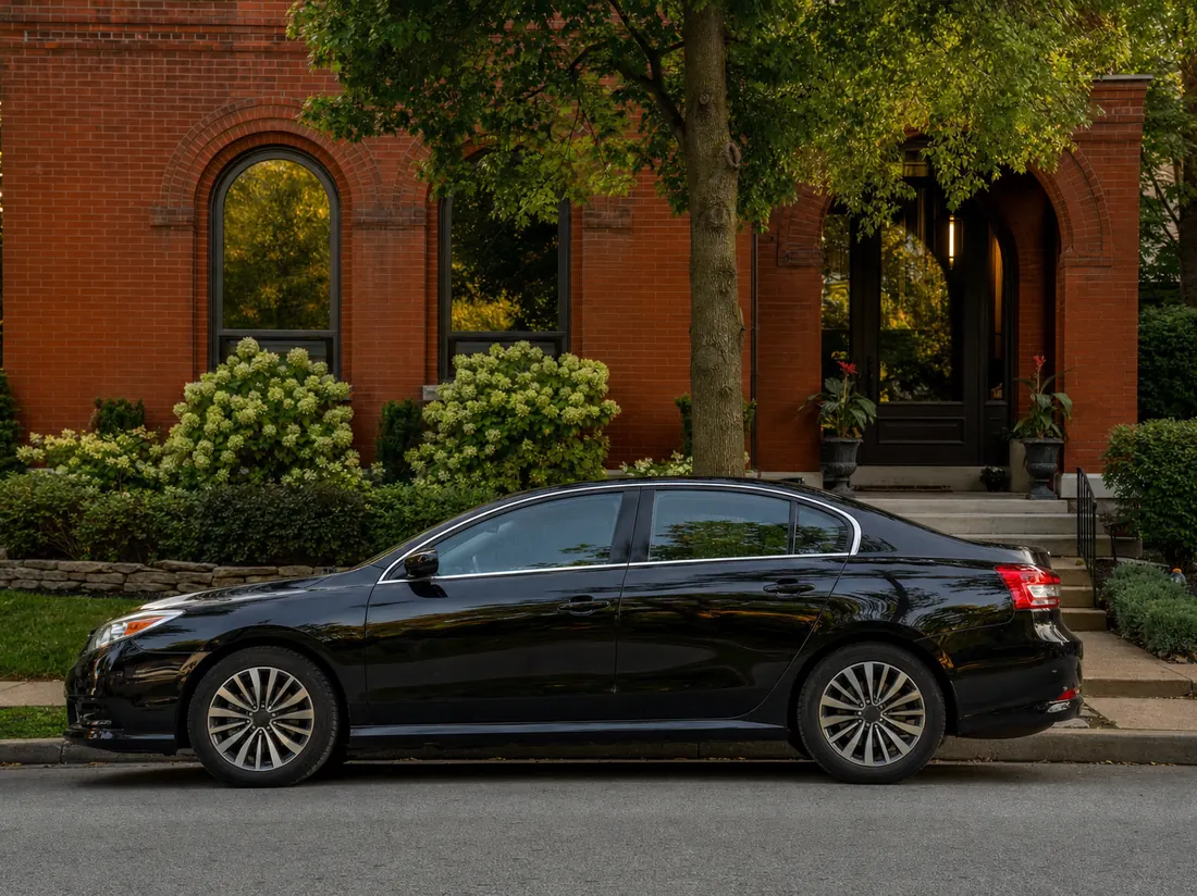 Sedan parked in front of a St. Louis red-brick home with arched windows - selling a car in St Louis