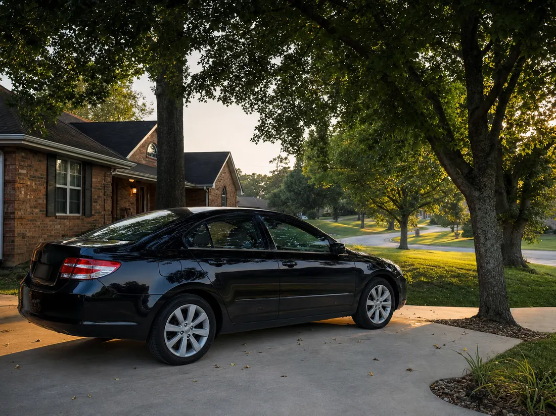 Sedan in the driveway of a brick Missouri home with big oaks, gentle rolling neighborhood - selling a car in Missouri