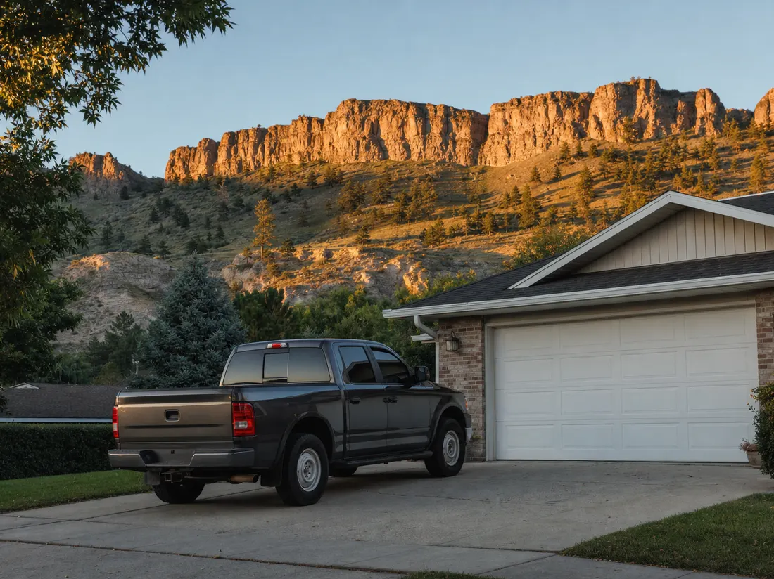 Pickup in the driveway of a ranch home in Billings Montana with the sandstone Rimrocks glowing behind - selling a car in Billings
