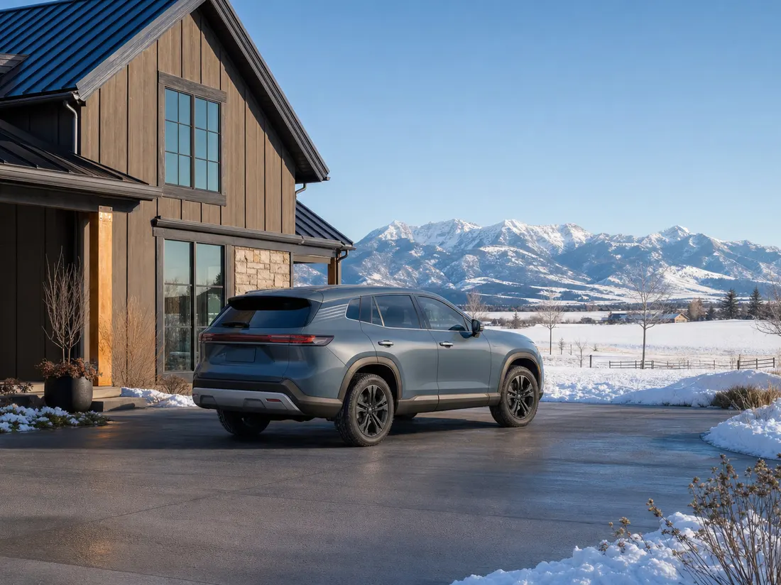 Newer SUV in the driveway of a modern farmhouse-style home in Bozeman Montana with the snow-dusted Bridger Range behind - selling a car in Bozeman