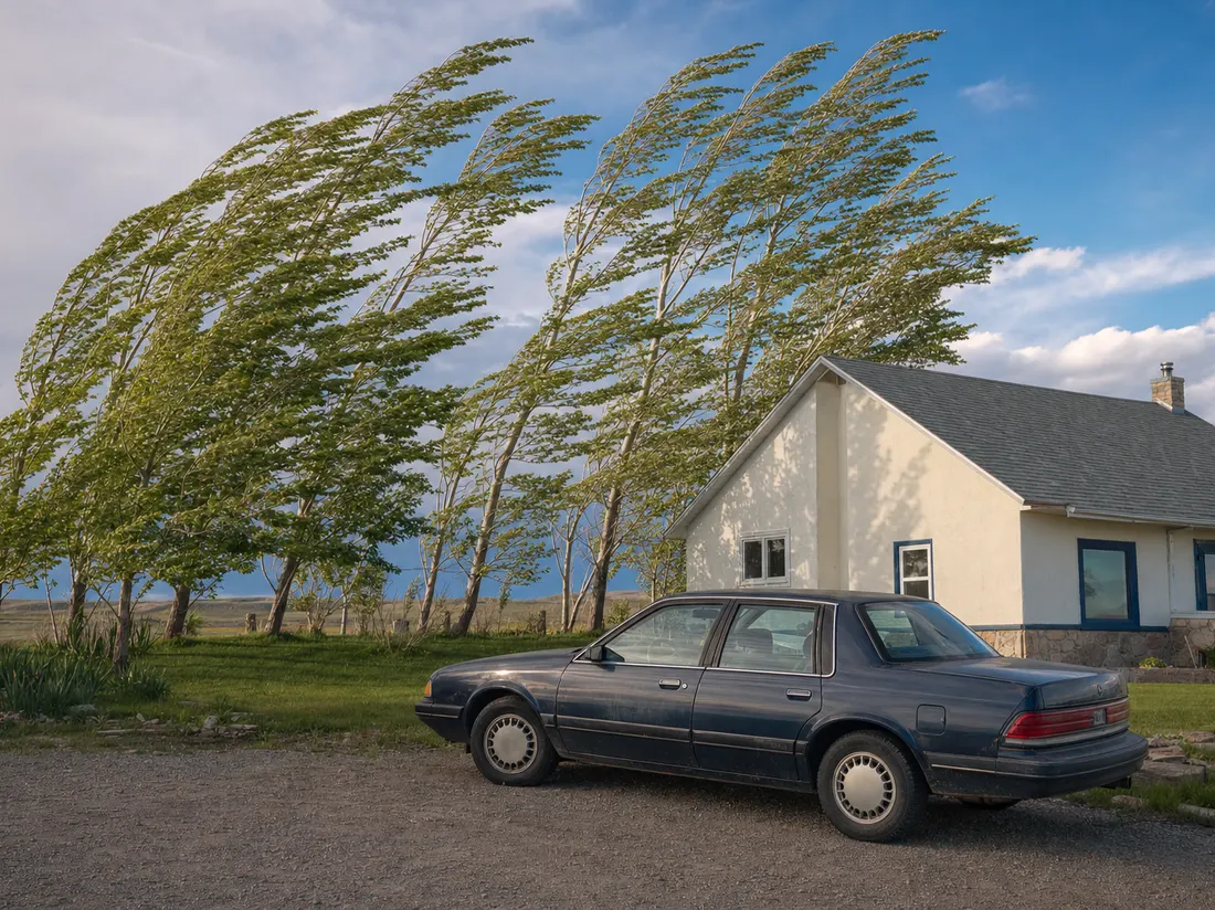 Older sedan beside a modest home in Great Falls Montana with a windbreak of poplars bending and huge plains sky - selling a car in Great Falls