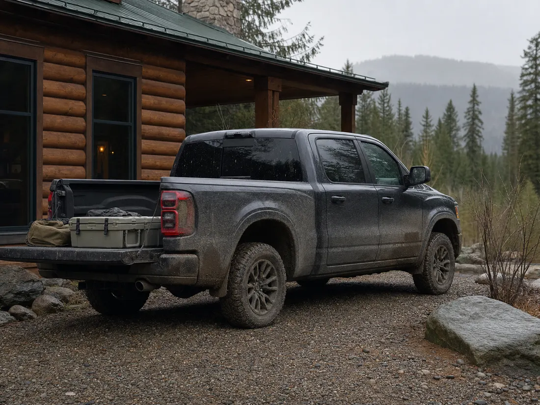 Mud-flecked pickup by a log-sided home near Kalispell Montana with dense fir forest and gray mountain weather behind - selling a car in Kalispell