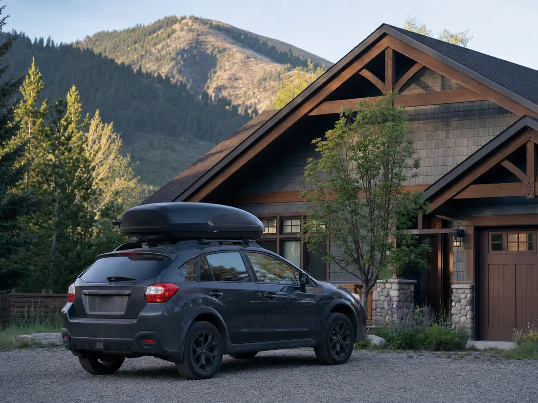Crossover with a roof box outside a craftsman home in Missoula Montana with forested mountains close behind - selling a car in Missoula