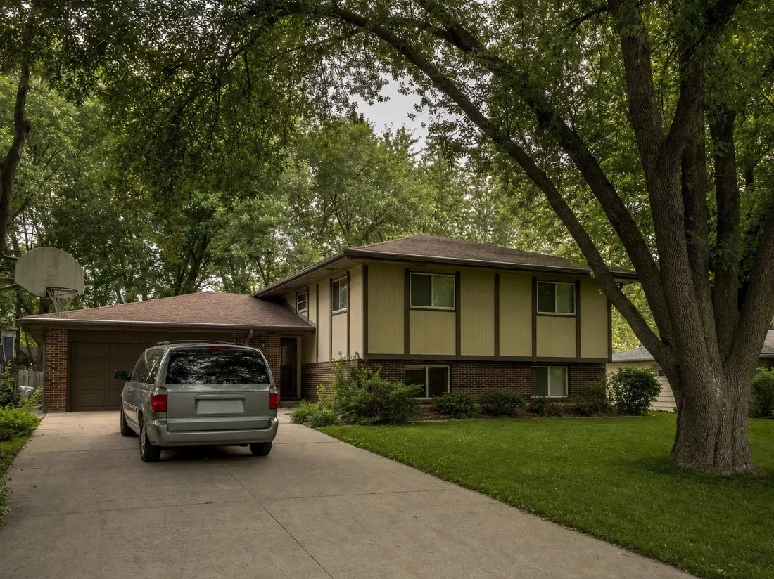 Minivan in the driveway of a 1970s split-level home in Bellevue Nebraska with a basketball hoop and mature ash trees - selling a car in Bellevue
