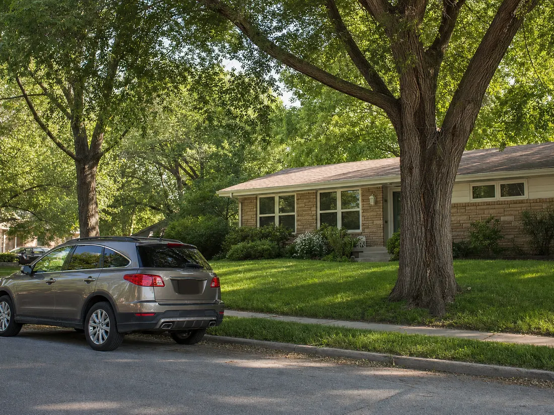 Crossover beside a ranch home in Lincoln Nebraska with a giant American elm shading the yard - selling a car in Lincoln