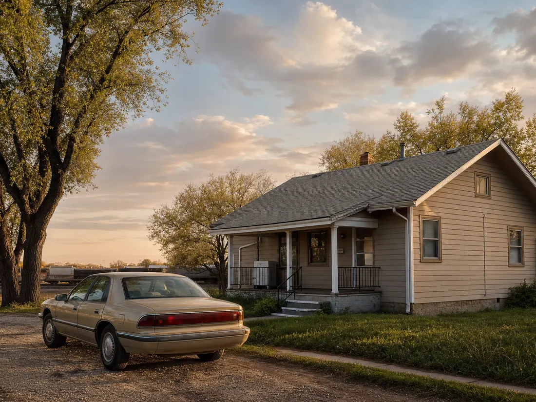 Older sedan beside a frame bungalow in North Platte Nebraska with cottonwoods and wide rail-town sky - selling a car in North Platte