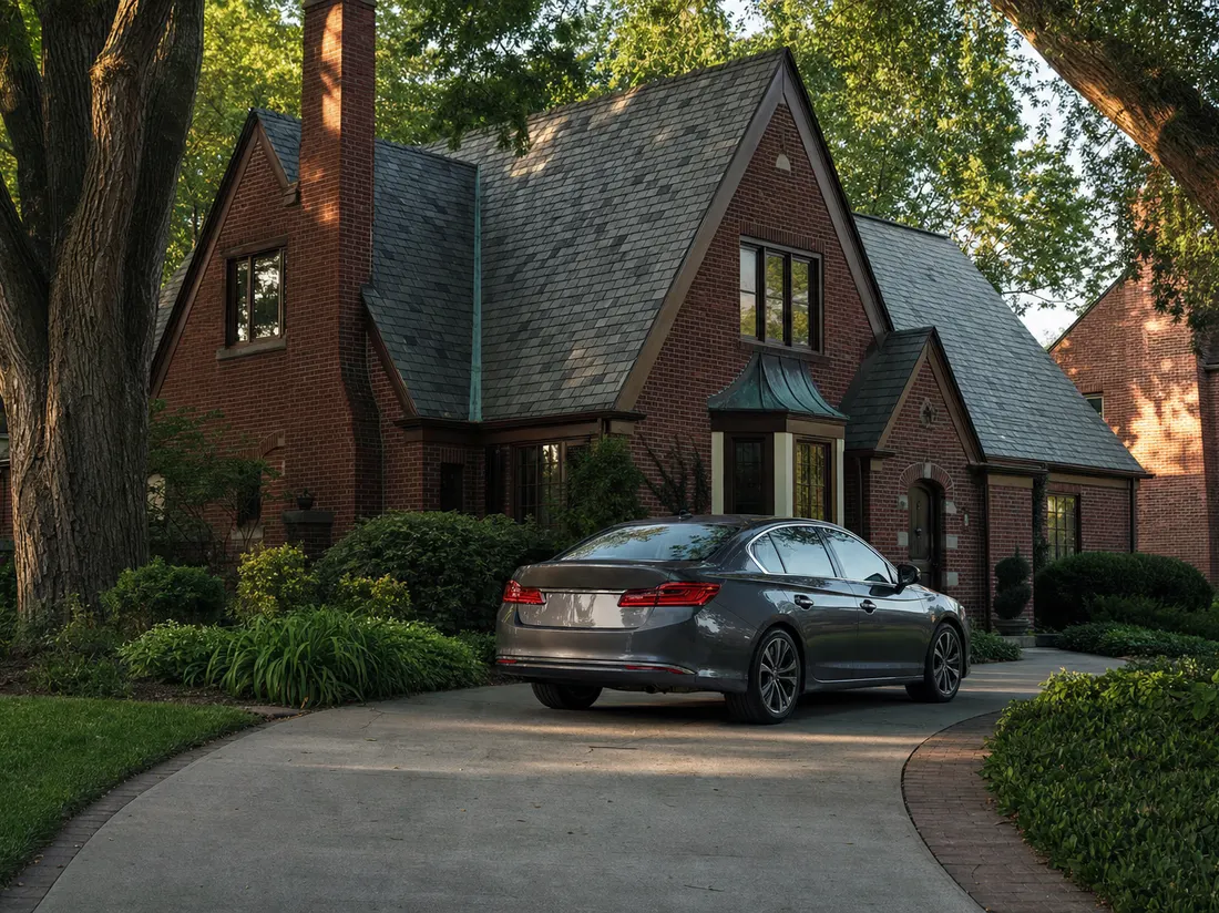 Sedan in the driveway of a brick Tudor home in Omaha Nebraska with a steep slate roof and old elms - selling a car in Omaha