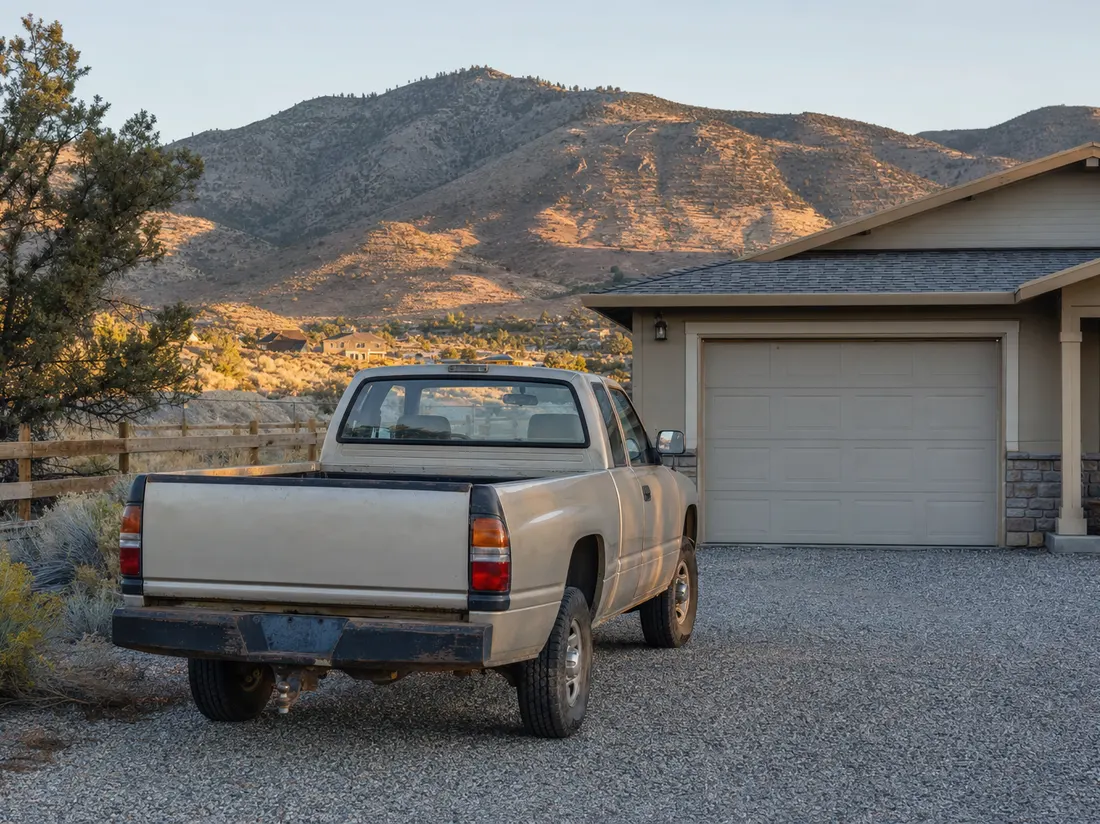 Older pickup in the gravel drive of a Carson City Nevada home with pinyon-dotted hills behind - selling a car in Carson City