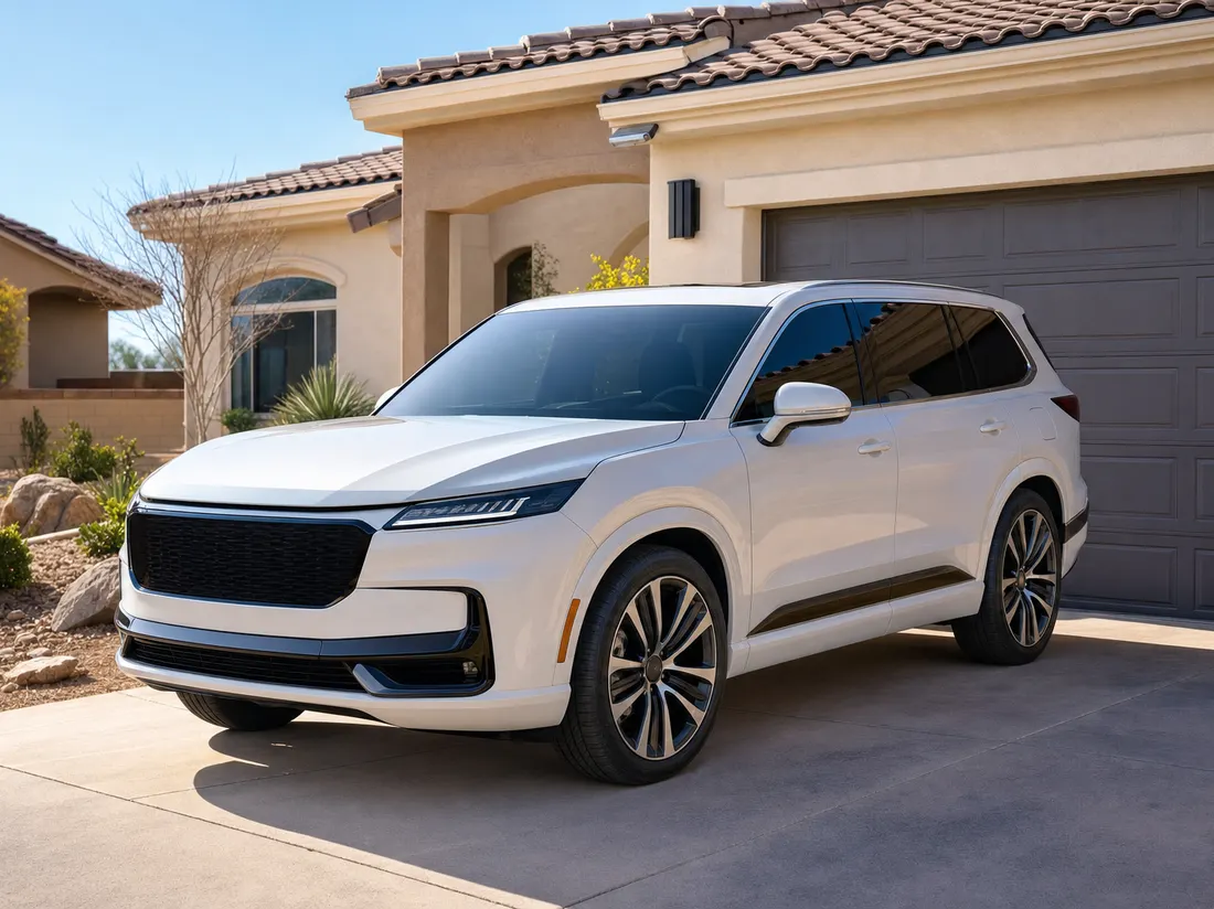 Clean SUV in the driveway of a stucco-and-tile home in Henderson Nevada with desert-rock landscaping - selling a car in Henderson