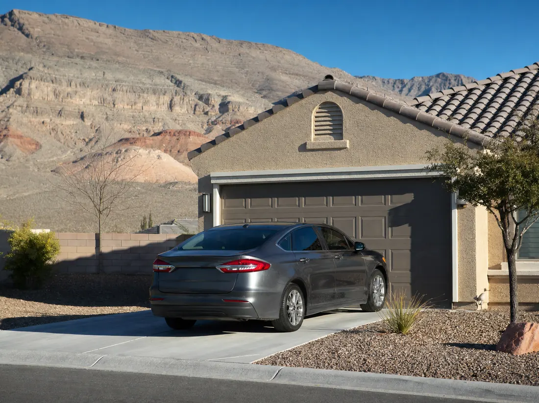 Sedan parked at a Las Vegas tract home with rock landscaping and dry mountains behind - selling a car in Las Vegas