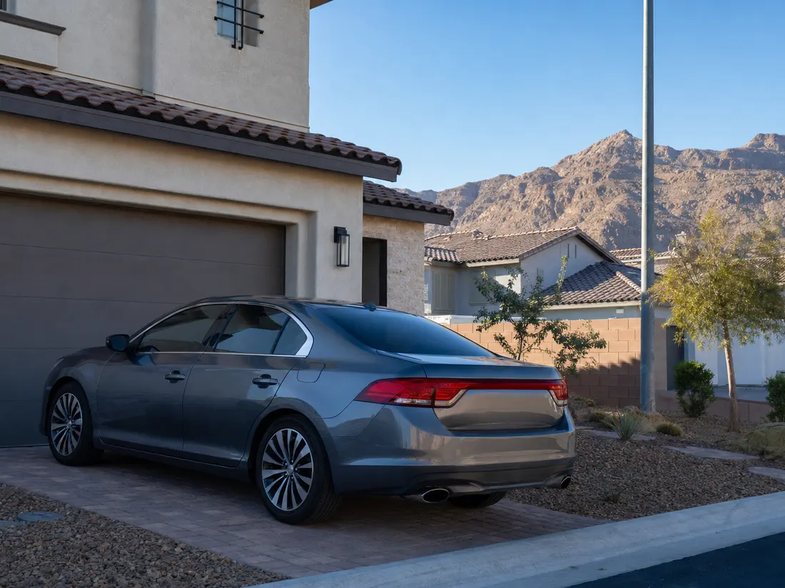 Sedan in the driveway of a newer stucco home in North Las Vegas Nevada with bare desert mountains behind the rooftops - selling a car in North Las Vegas