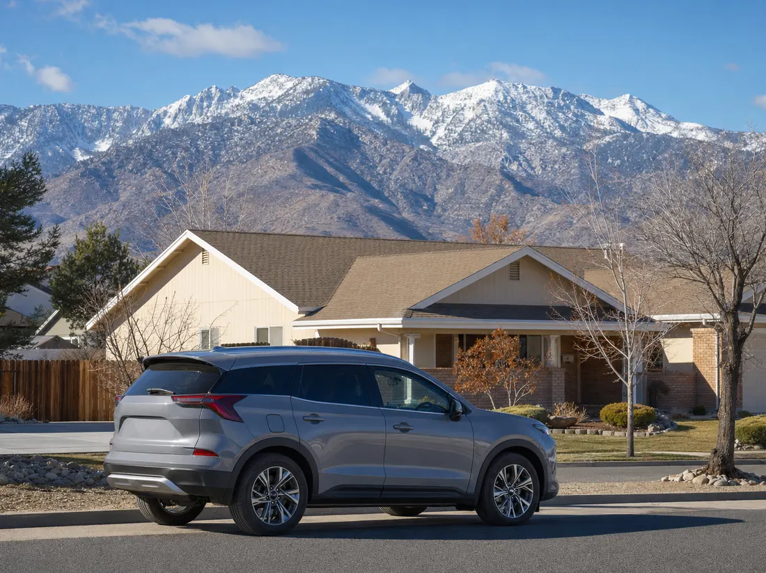 Crossover beside a ranch home in Reno Nevada with the Sierra front rising snow-tipped beyond the neighborhood - selling a car in Reno
