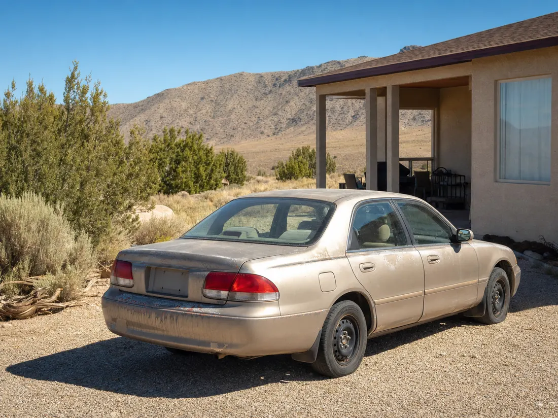 Sun-baked sedan with faded paint parked at a desert Nevada home with dry mountains behind - selling a car in Nevada