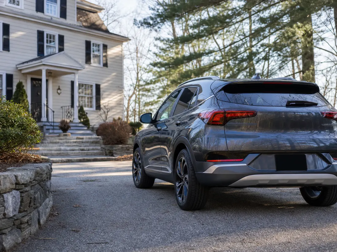 Crossover in the driveway of a colonial home in Nashua New Hampshire with stone steps and white pines - selling a car in Nashua