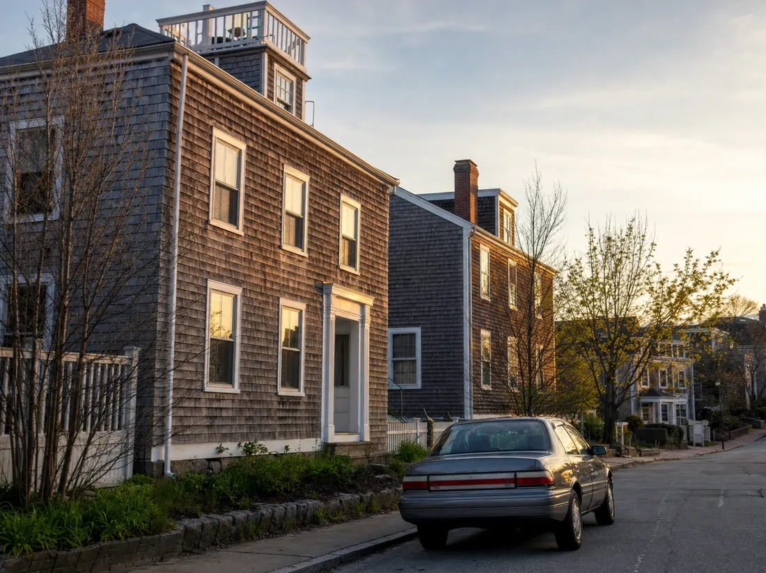 Older sedan on a shingled-home street in Portsmouth New Hampshire with coastal light and a widow's walk on the roofline - selling a car in Portsmouth