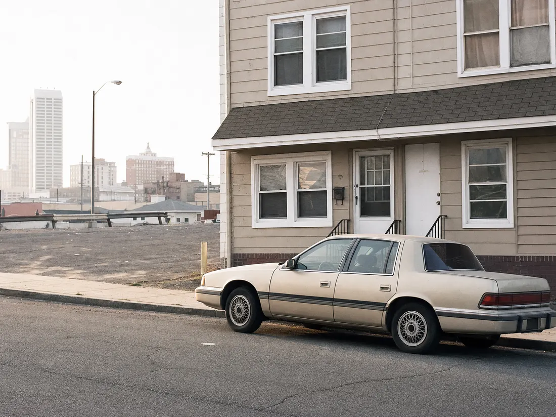 Older sedan beside a duplex a few blocks off the boardwalk in Atlantic City New Jersey - selling a car in Atlantic City