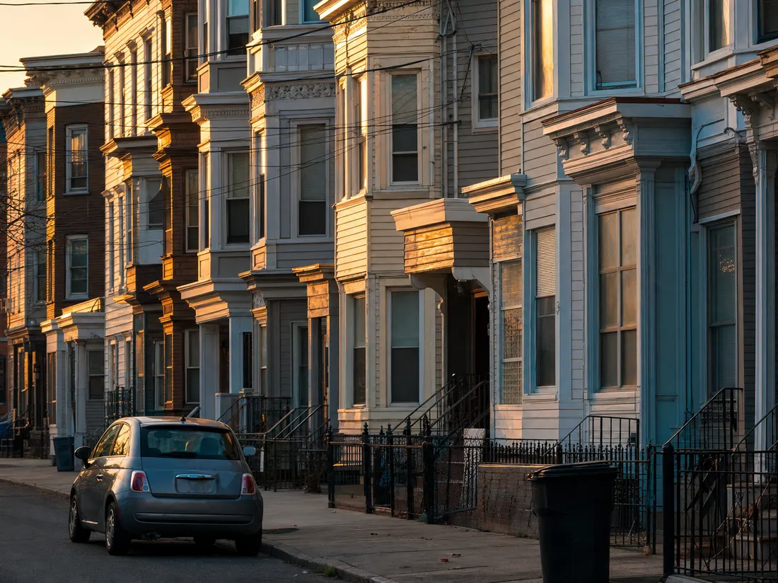 Compact car on a narrow street of bay-windowed rowhouses in Jersey City New Jersey - selling a car in Jersey City