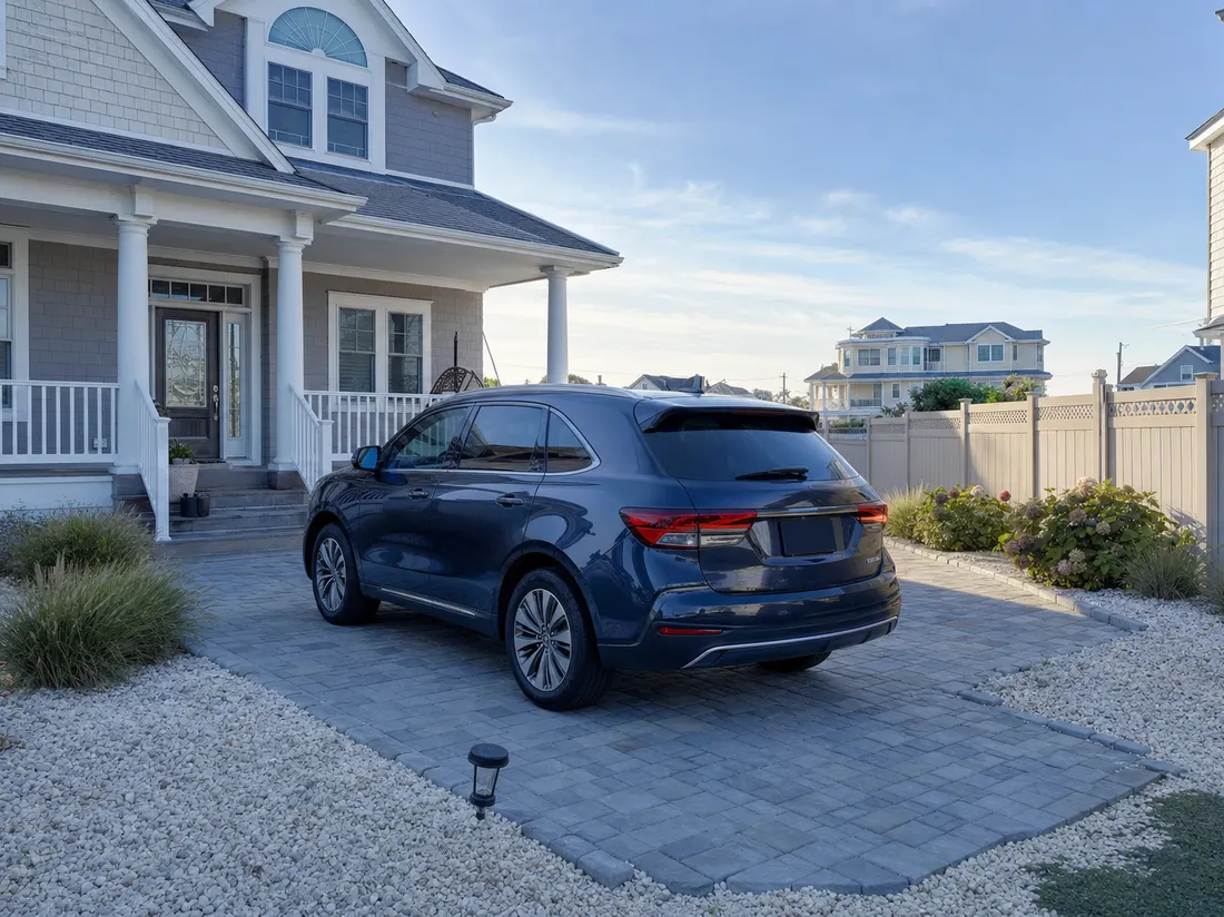 Crossover in the driveway of a shore colonial in Toms River New Jersey with white stone landscaping and salt-faded fence - selling a car in Toms River