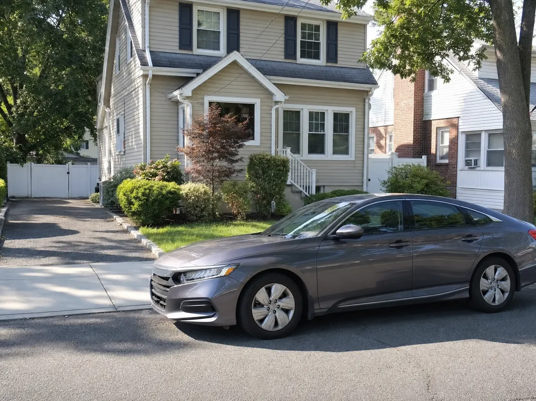 Sedan parked at a New Jersey suburban colonial with a small neat yard on a dense residential street - selling a car in New Jersey