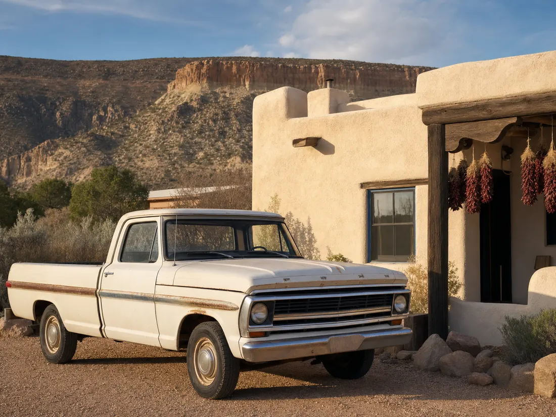Older pickup by an adobe New Mexico home with chile ristras on the porch and desert mesa behind - selling a car in New Mexico