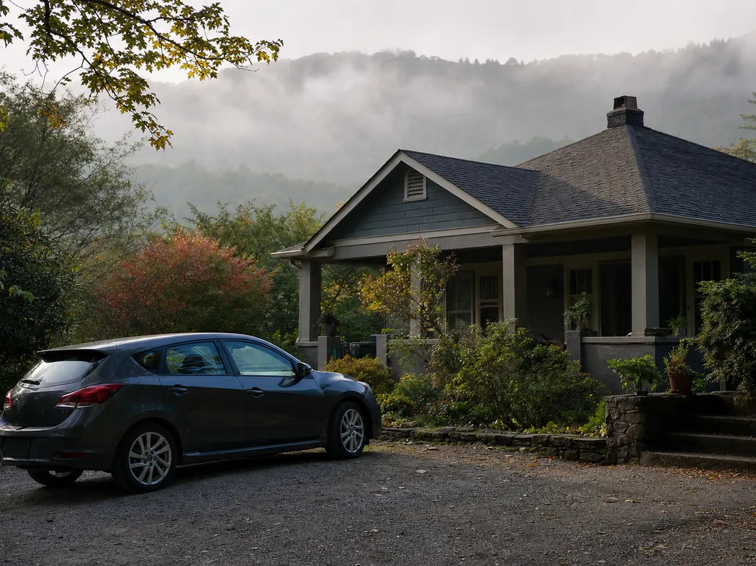 Hatchback outside a craftsman bungalow in Asheville North Carolina with Blue Ridge mist layered behind the trees - selling a car in Asheville