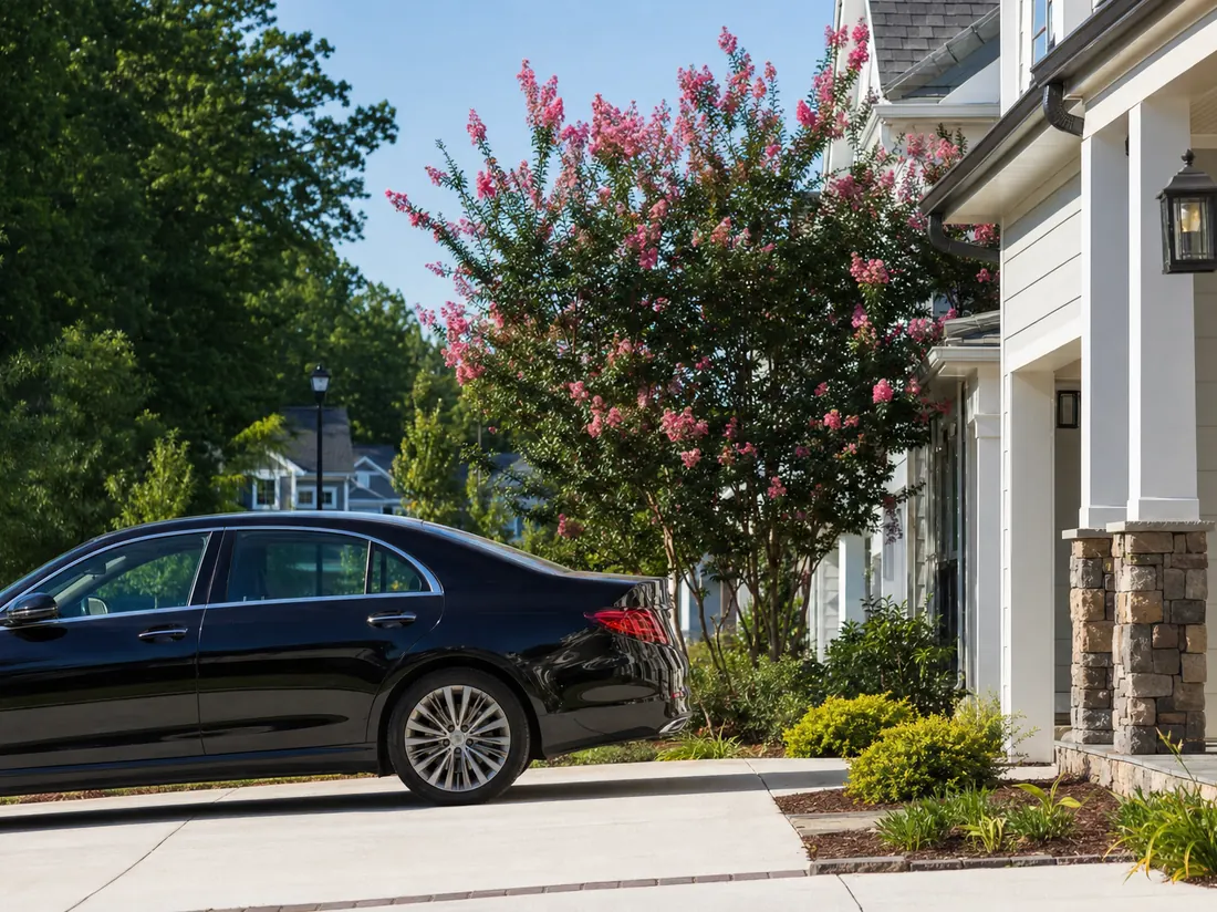 Sedan at a newer Charlotte suburban home with crepe myrtles - selling a car in Charlotte