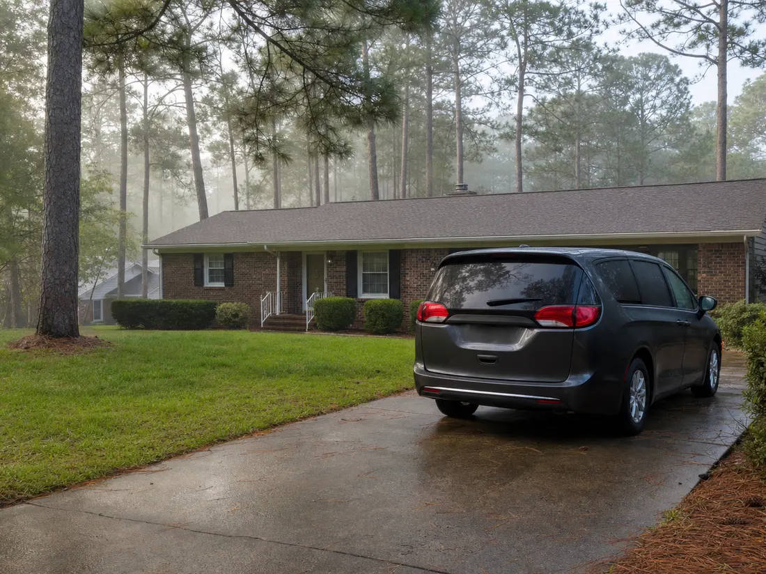 Minivan in the driveway of a brick ranch home in Fayetteville North Carolina among tall longleaf pines - selling a car in Fayetteville