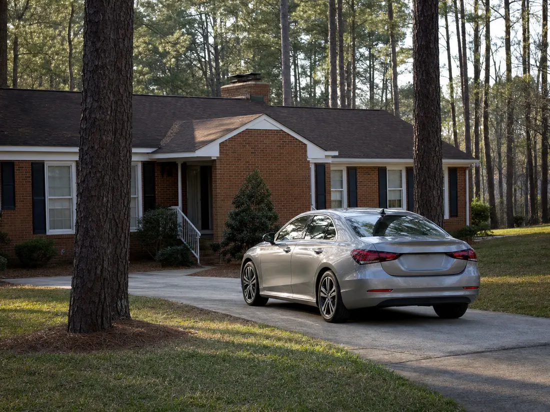 Sedan in the driveway of a North Carolina brick ranch with tall loblolly pines - selling a car in North Carolina