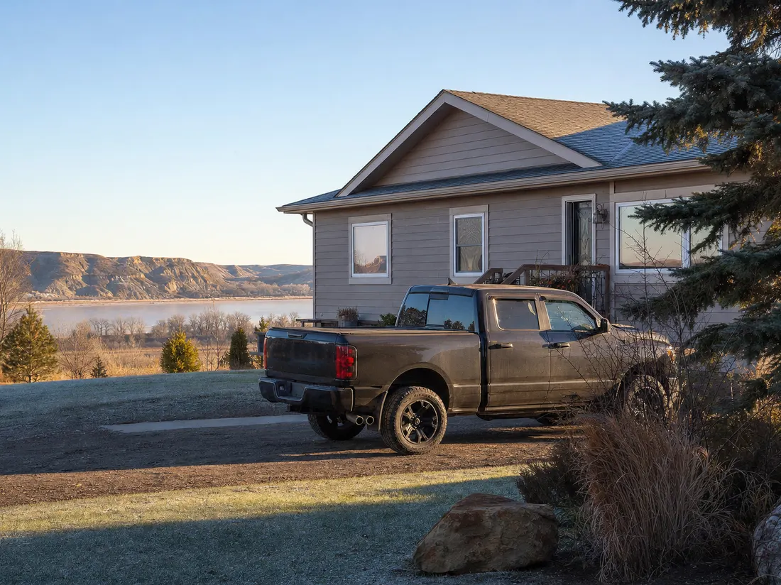 Pickup beside a ranch home in Bismarck North Dakota with river-bluff hills in the distance - selling a car in Bismarck