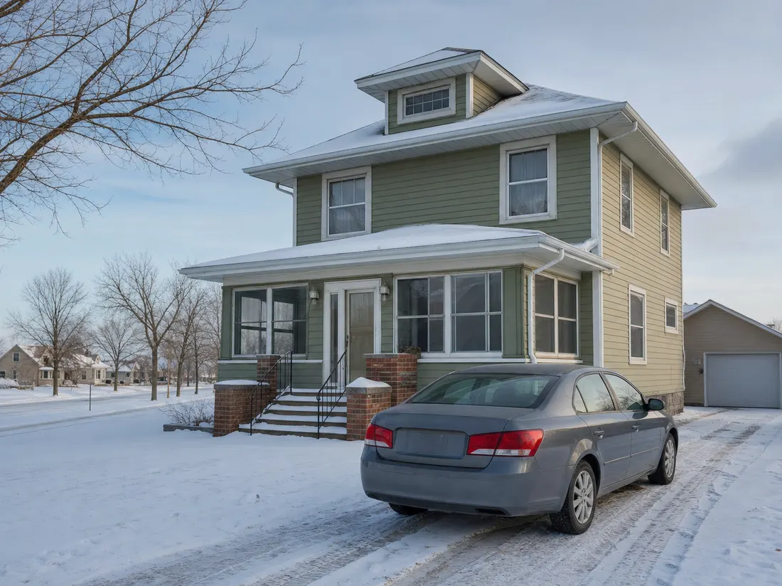 Sedan in the driveway of a foursquare home in Fargo North Dakota with flat snow-covered yards stretching down the block - selling a car in Fargo