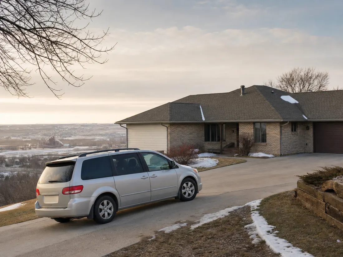 Minivan in the sloped driveway of a hillside ranch home in Minot North Dakota with the valley below - selling a car in Minot
