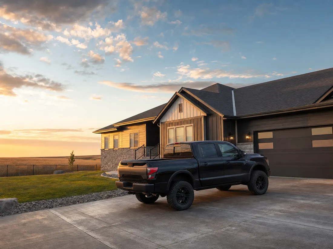 Newer pickup outside a recently built home in Williston North Dakota with open prairie behind the fence line - selling a car in Williston