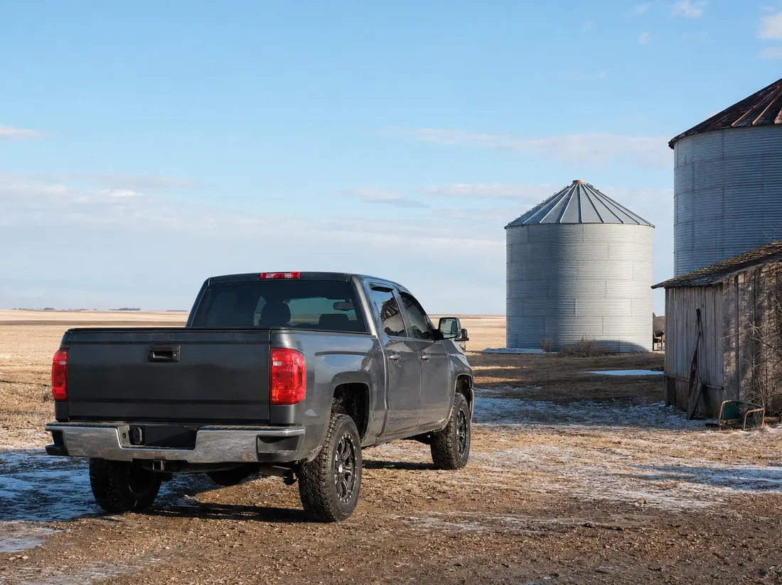 Pickup by a North Dakota farmstead with grain bins and endless flat horizon - selling a car in North Dakota