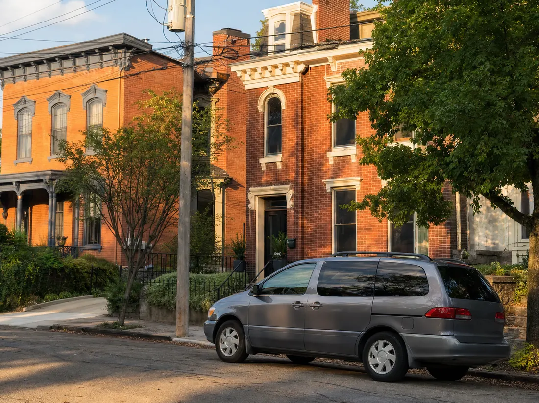 Minivan on a hillside Cincinnati street lined with Italianate brick homes - selling a car in Cincinnati