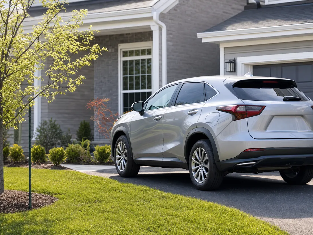 Silver crossover in the driveway of a newer suburban Columbus home on a spring morning - selling a car in Columbus