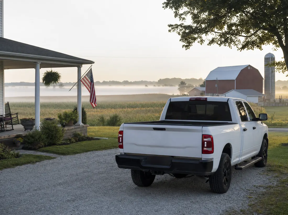 White pickup in the gravel driveway of an Ohio farmhouse with a red barn in the distance - selling a car in Ohio