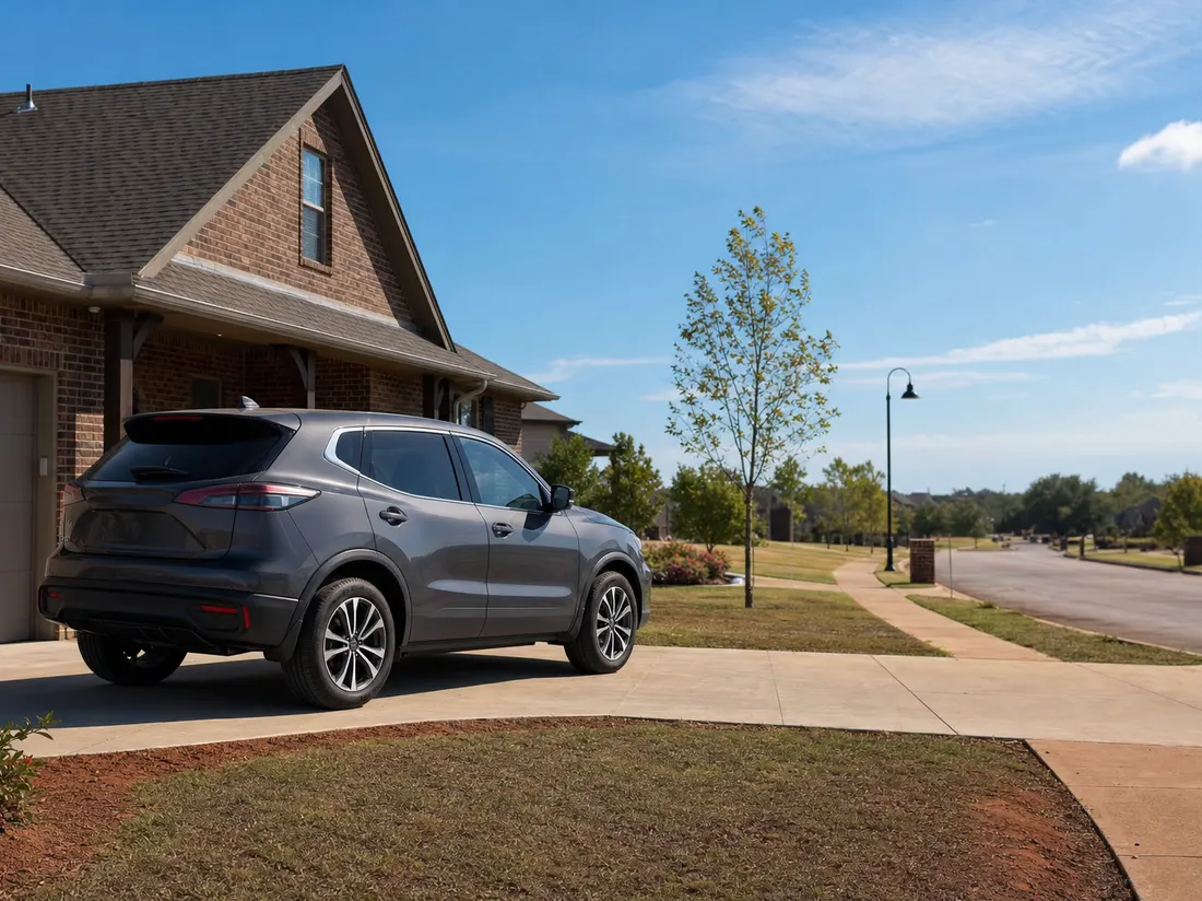 Compact SUV in the driveway of a brick home on a wide Norman Oklahoma street with red-dirt lawn edges and big prairie sky - selling a car in Norman