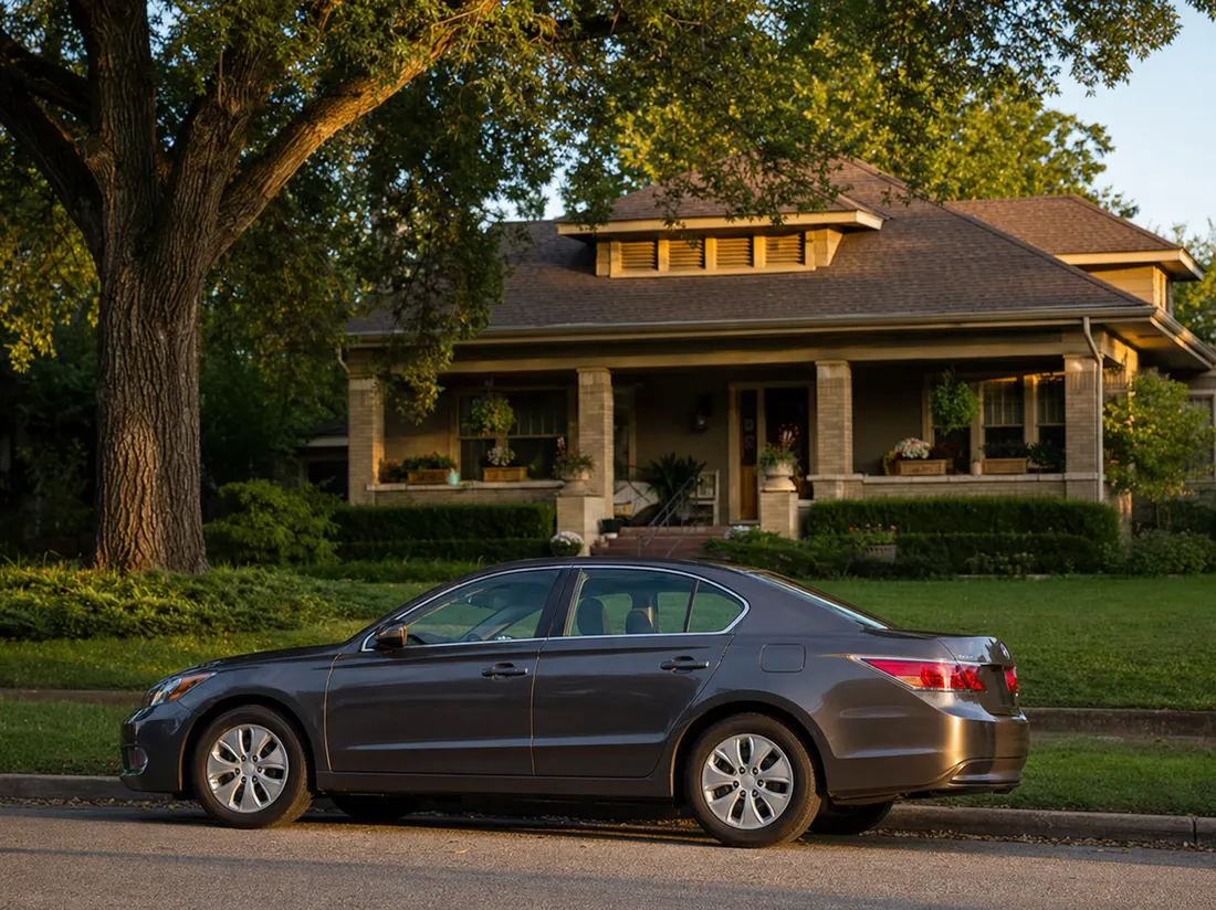 Sedan parked outside a 1920s bungalow in Tulsa Oklahoma with a deep porch and mature elms - selling a car in Tulsa