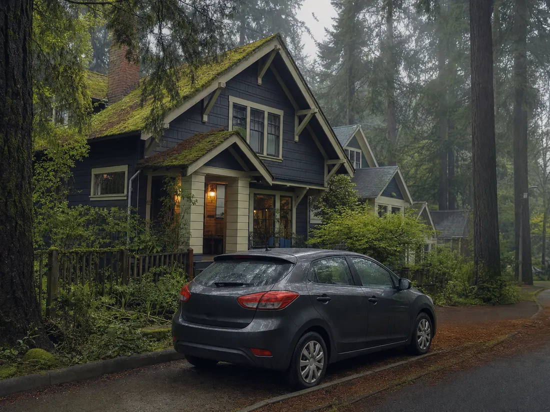 Hatchback beside a moss-edged craftsman home in Eugene Oregon with towering Douglas firs - selling a car in Eugene
