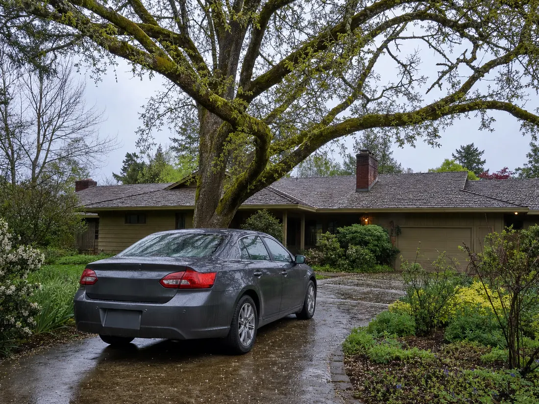 Sedan in the driveway of a ranch home in Salem Oregon under huge Oregon white oaks - selling a car in Salem