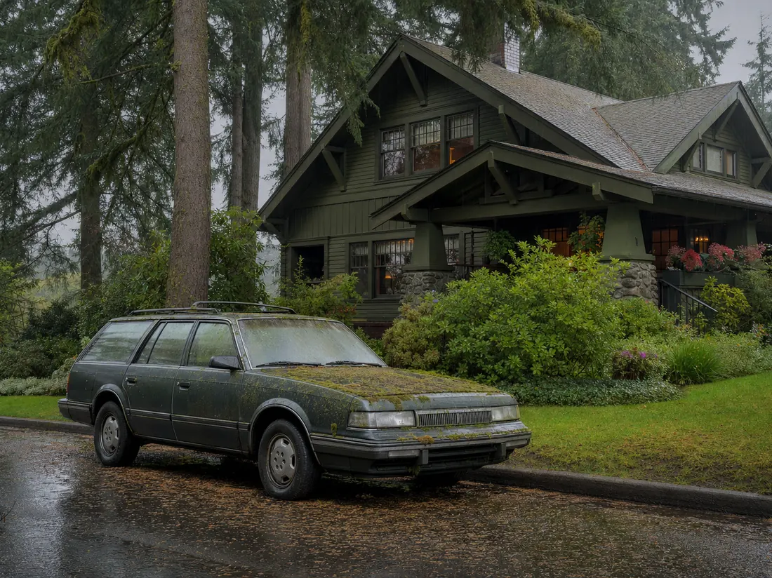 Moss-flecked older wagon parked by a Craftsman Oregon home with tall firs and light rain mist - selling a car in Oregon