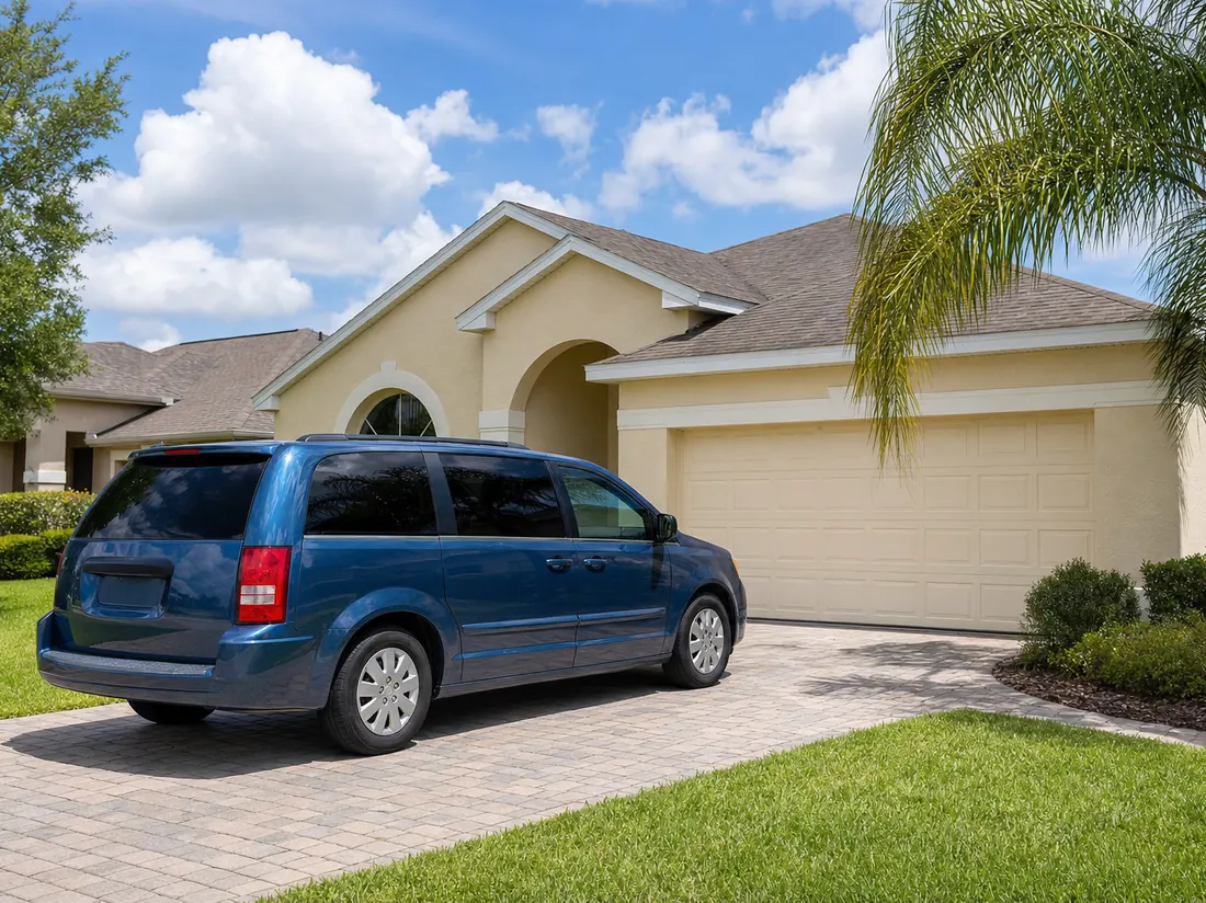 Minivan in front of a stucco Orlando-area home - selling a car in Orlando